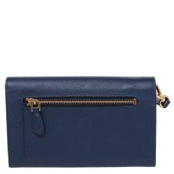 Pre Owned Prada Blue Saffiano Leather Bow Flap Wristlet