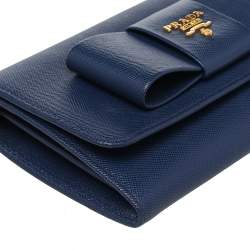 Pre Owned Prada Blue Saffiano Leather Bow Flap Wristlet