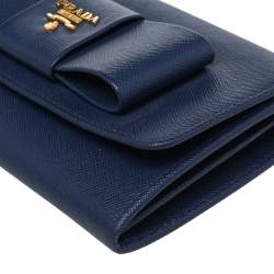 Pre Owned Prada Blue Saffiano Leather Bow Flap Wristlet