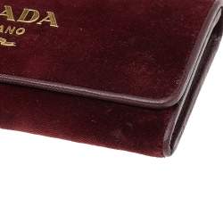 Pre Owned Prada Burgundy Velvet And Leather Flap Chain Wallet