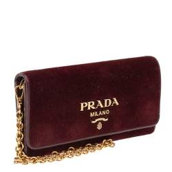 Pre Owned Prada Burgundy Velvet And Leather Flap Chain Wallet