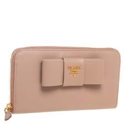 Pre Owned Prada Beige Saffiano Leather Bow Zip Around Wallet