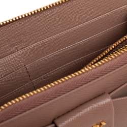 Pre Owned Prada Beige Saffiano Leather Bow Zip Around Wallet