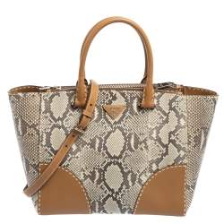 Pre Owned Prada Beige Python And Leather Double Zip Tote