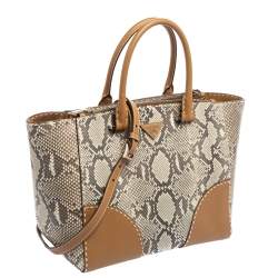 Pre Owned Prada Beige Python And Leather Double Zip Tote
