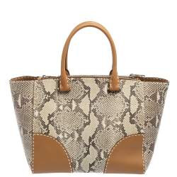 Pre Owned Prada Beige Python And Leather Double Zip Tote