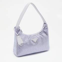 Pre Owned Prada Lavender Satin Crystal Embellished Re-Edition 2000 Baguette