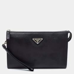 Pre Owned Prada Black Saffiano Lux Leather Wristlet Pouch