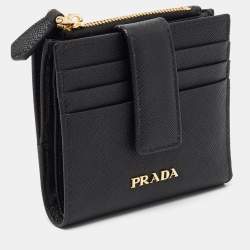 Pre Owned Prada Black Saffiano Metal Leather Flap Card Holder