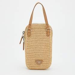 Pre Owned Prada Beige Raffia and Leather Mini Crossbody Bag