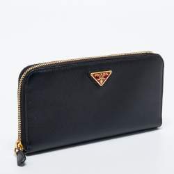 Pre Owned Prada Black Saffiano Lux Leather Zip Around Continental Wallet