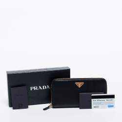 Pre Owned Prada Black Saffiano Lux Leather Zip Around Continental Wallet