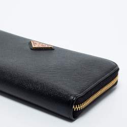 Pre Owned Prada Black Saffiano Lux Leather Zip Around Continental Wallet