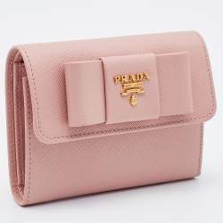 Prada Pink Saffiano Leather Bow Flap Compact Wallet