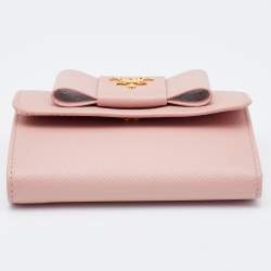 Prada Pink Saffiano Leather Bow Flap Compact Wallet