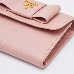 Prada Pink Saffiano Leather Bow Flap Compact Wallet
