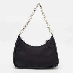 Pre Owned Prada Black Nylon and Saffiano Leather Re-Edition Mini Pouch Shoulder Bag
