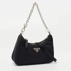 Pre Owned Prada Black Nylon and Saffiano Leather Re-Edition Mini Pouch Shoulder Bag