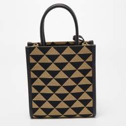 Pre Owned Prada Black/Cream Jacquard Fabric Symbole Embroidered Mini Tote