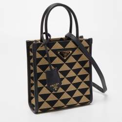 Pre Owned Prada Black/Cream Jacquard Fabric Symbole Embroidered Mini Tote