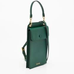 Pre Owned Prada Green Saffiano Lux Leather Phone Holder Crossbody Bag