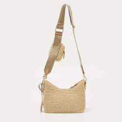 Pre Owned Prada Beige Raffia and Leather Re-Edition 2005 Shoulder Bag