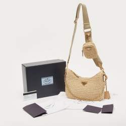 Pre Owned Prada Beige Raffia and Leather Re-Edition 2005 Shoulder Bag