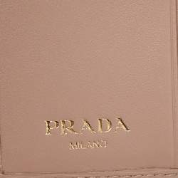 Pre Owned Prada Beige Vitello Metal Leather Logo Trifold Wallet