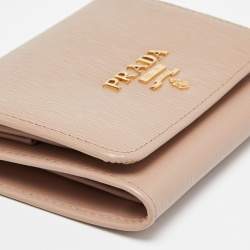 Pre Owned Prada Beige Vitello Metal Leather Logo Trifold Wallet