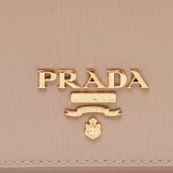 Pre Owned Prada Beige Vitello Metal Leather Logo Trifold Wallet