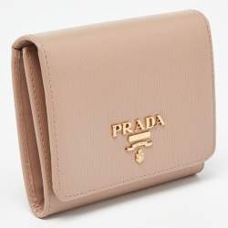 Pre Owned Prada Beige Vitello Metal Leather Logo Trifold Wallet