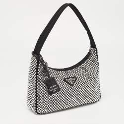 Prada Black Satin Mini Crystal Studded Re-Edition 2000 Shoulder Bag