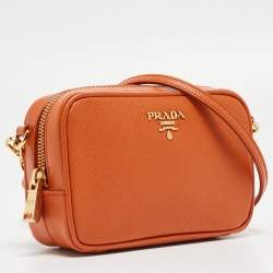 Pre Owned Prada Orange Saffiano Lux Leather Mini Top Zip Camera Bag
