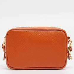 Pre Owned Prada Orange Saffiano Lux Leather Mini Top Zip Camera Bag