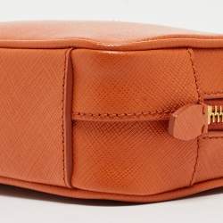 Pre Owned Prada Orange Saffiano Lux Leather Mini Top Zip Camera Bag