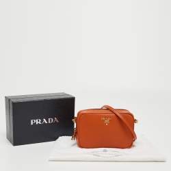 Pre Owned Prada Orange Saffiano Lux Leather Mini Top Zip Camera Bag