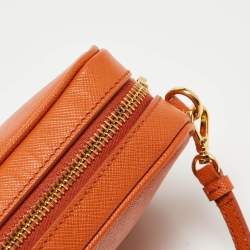 Pre Owned Prada Orange Saffiano Lux Leather Mini Top Zip Camera Bag