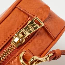 Pre Owned Prada Orange Saffiano Lux Leather Mini Top Zip Camera Bag