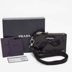 Pre Owned Prada Black Brushed Leather and Nylon Wristlet Pouch