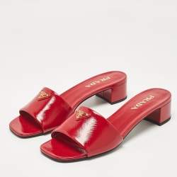 Prada Red Saffiano Patent Leather Block Heel Slide Sandals Size 39
