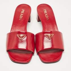 Prada Red Saffiano Patent Leather Block Heel Slide Sandals Size 39