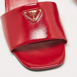 Prada Red Saffiano Patent Leather Block Heel Slide Sandals Size 39