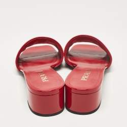 Prada Red Saffiano Patent Leather Block Heel Slide Sandals Size 39