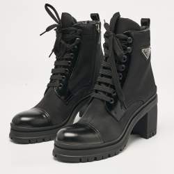 Prada Black Leather and Nylon Combat Boots Size  38