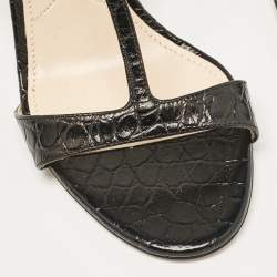 Prada Black Croc Embossed Leather Ankle Strap Sandals Size 39