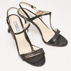 Prada Black Croc Embossed Leather Ankle Strap Sandals Size 39