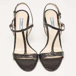 Prada Black Croc Embossed Leather Ankle Strap Sandals Size 39