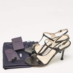 Prada Black Croc Embossed Leather Ankle Strap Sandals Size 39