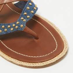 Prada Brown/Blue Denim and Leather Buckle Flat Slides Size 38.5