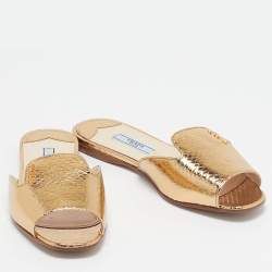 Prada Gold Embossed Python Flat Slides Size 35